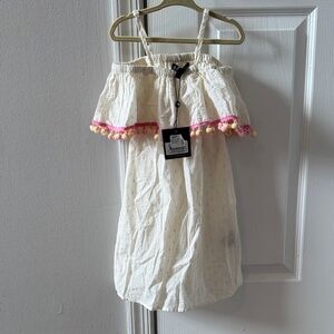 Girls Cream Off-Shoulder Dress with Pink & Yellow Pom Trim - Kids Casual